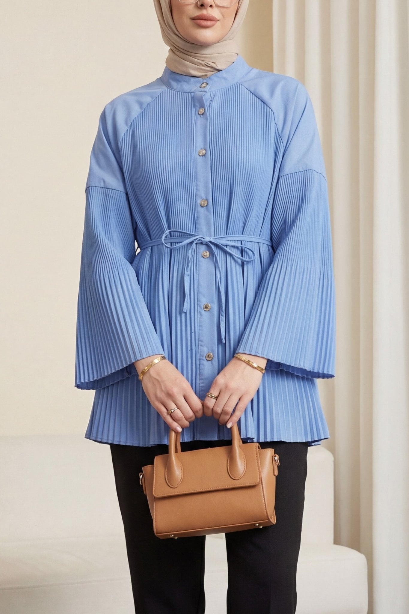 Gold Button Front and Sleeves Pleated Lace-Up Shirt - Blue - Podyumplus - by Peralane