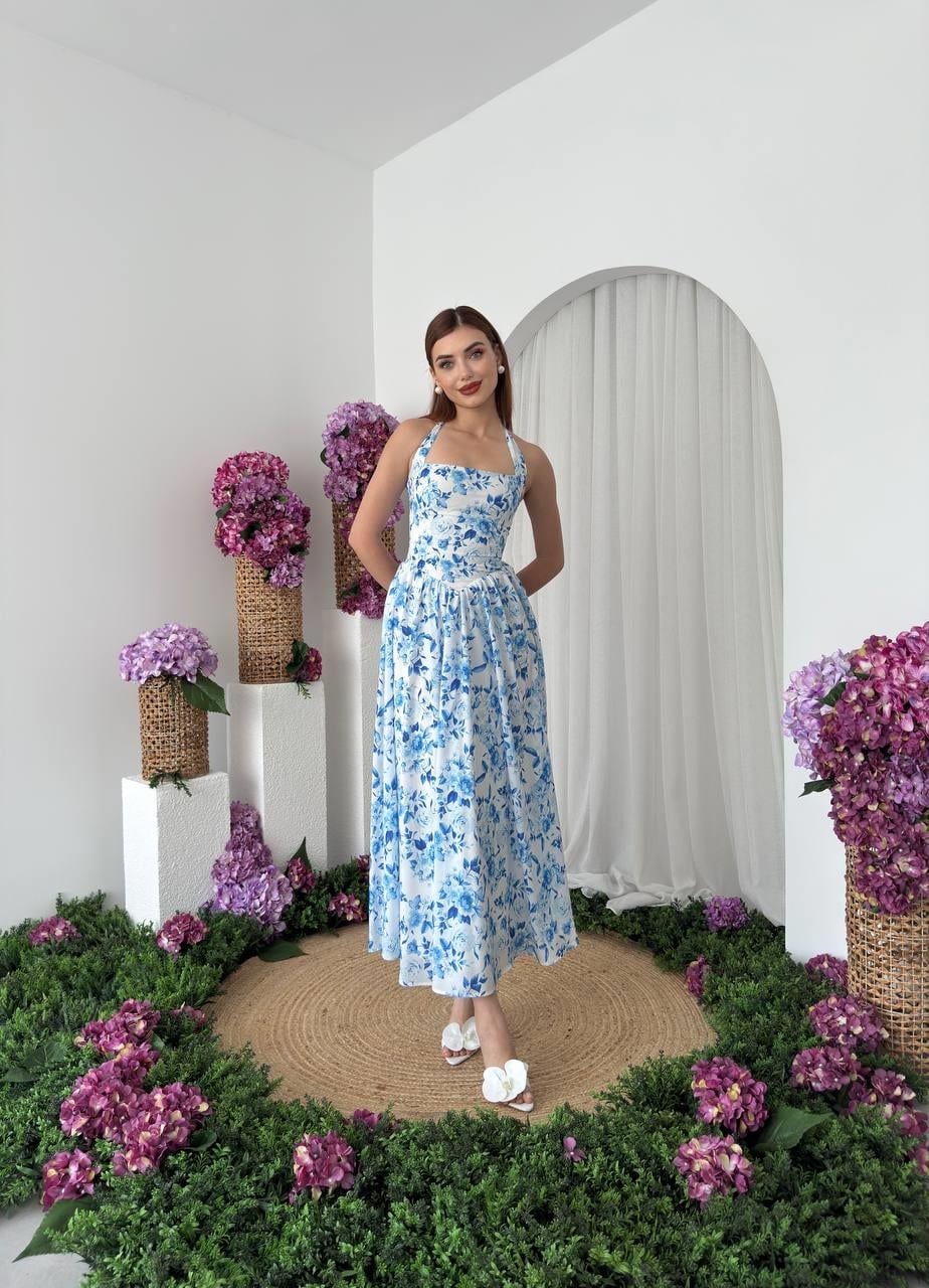 Midi Halter Neck Floral Dress in Blue and White - Mos Crep - Etika - by Peralane - photo 9