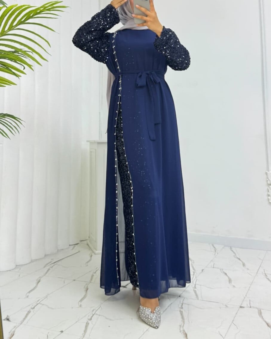 Navy Sequin Embellished Long Sleeve Chiffon Evening Dress with Belt - Podyumplus - by Peralane - photo 4