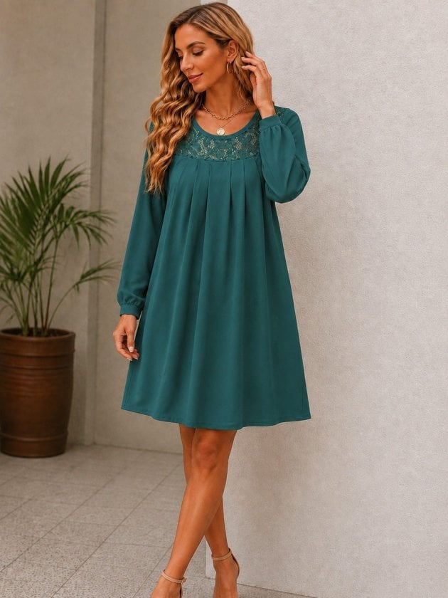 Women's Long Sleeve Round Neck Lace Pleated Short Crepe Dress - Janes - by Peralane - photo 2