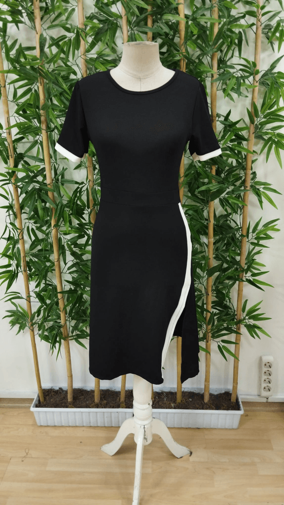 Women's Short Sleeve Biker Neck Side Slit Colorful Stripe Detail Crepe Dress - Janes - by Peralane - photo 7