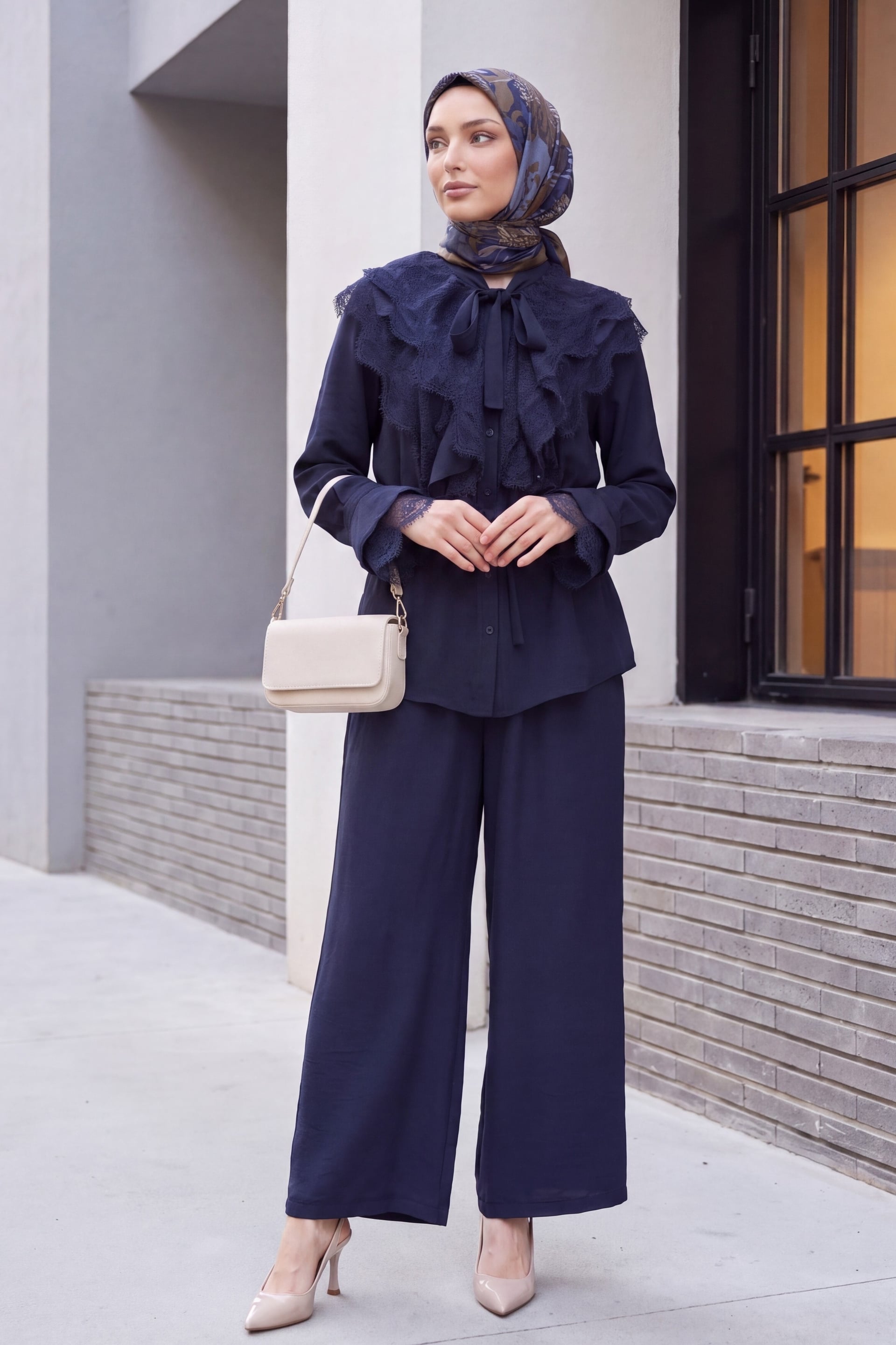 Navy Blue Lace Trim Tie-Waist Blouse and Wide-Leg Trousers Set - Podyumplus - by Peralane - photo 4