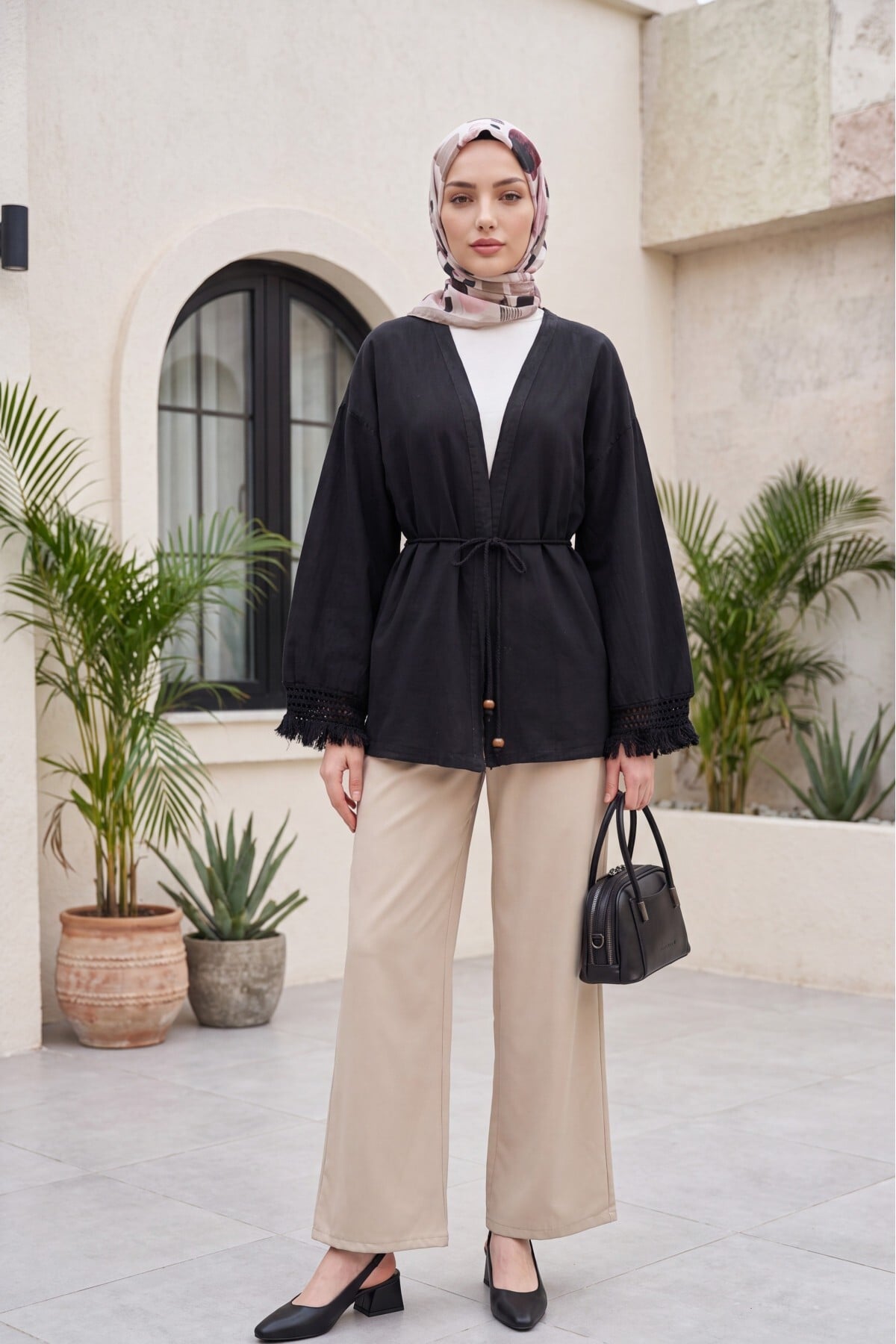Black Fringed Sleeve Belted Linen Kimono - Podyumplus - by Peralane - photo 9