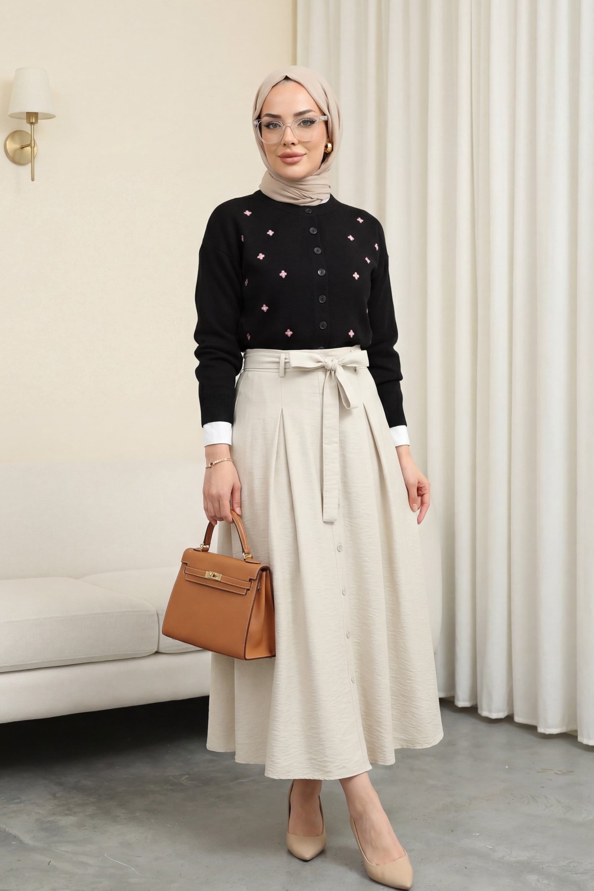 Black Oversize Knit Cardigan with Scattered Floral Embroidery - Women's - Podyumplus - by Peralane - photo 2