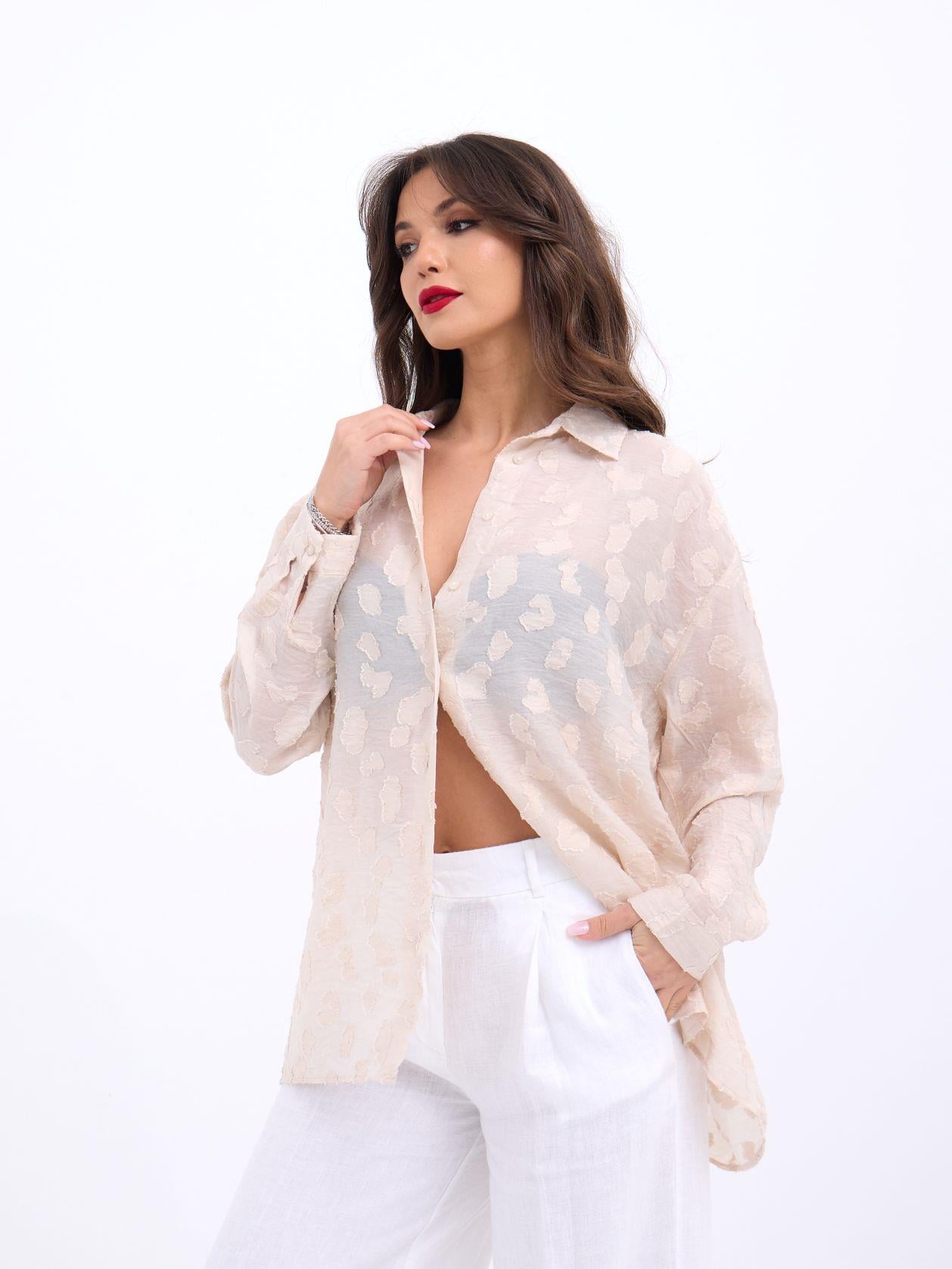 Light Beige Women's Long-Sleeve Blouse with All-Over Pattern - Fame - by Peralane - photo 2