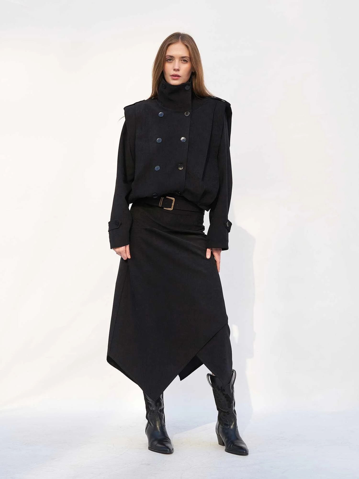 Belted Asymmetric Chenille Midi Skirt - Black - Lefon - by Peralane - photo 4