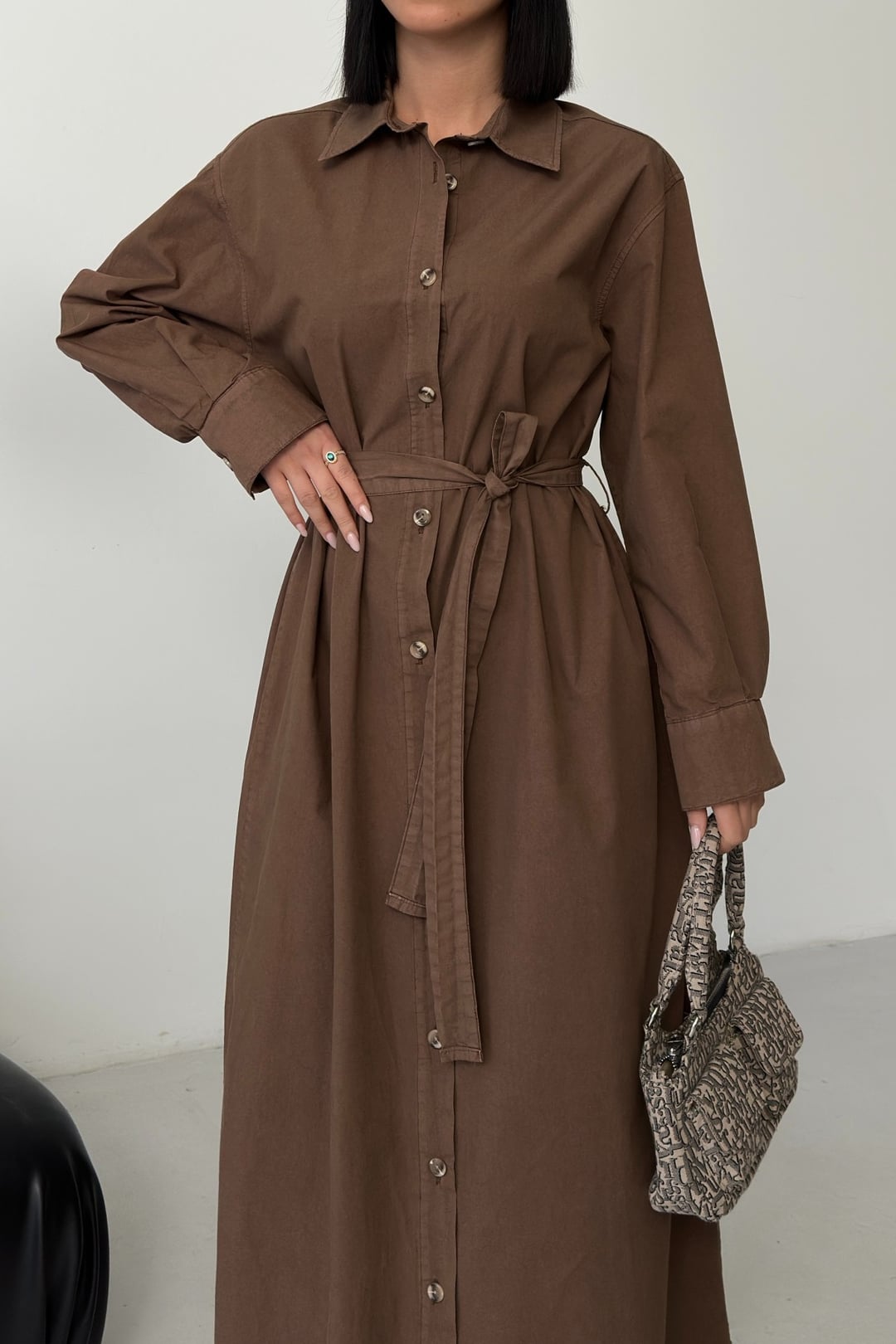 Long-Sleeved Button-Front Denim Dress in Earth Brown - Xlove - by Peralane - photo 6