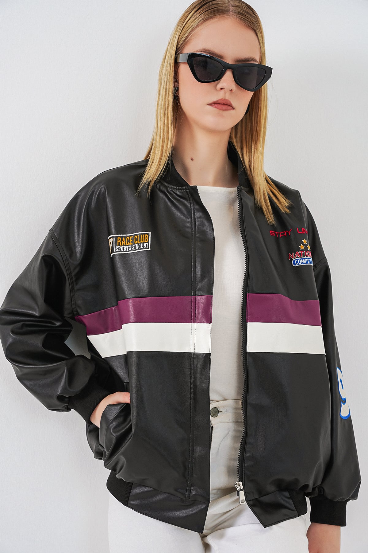 Printed Faux Leather Bomber Jacket - Black with Plum Stripes - Bigdart - by Peralane - photo 6