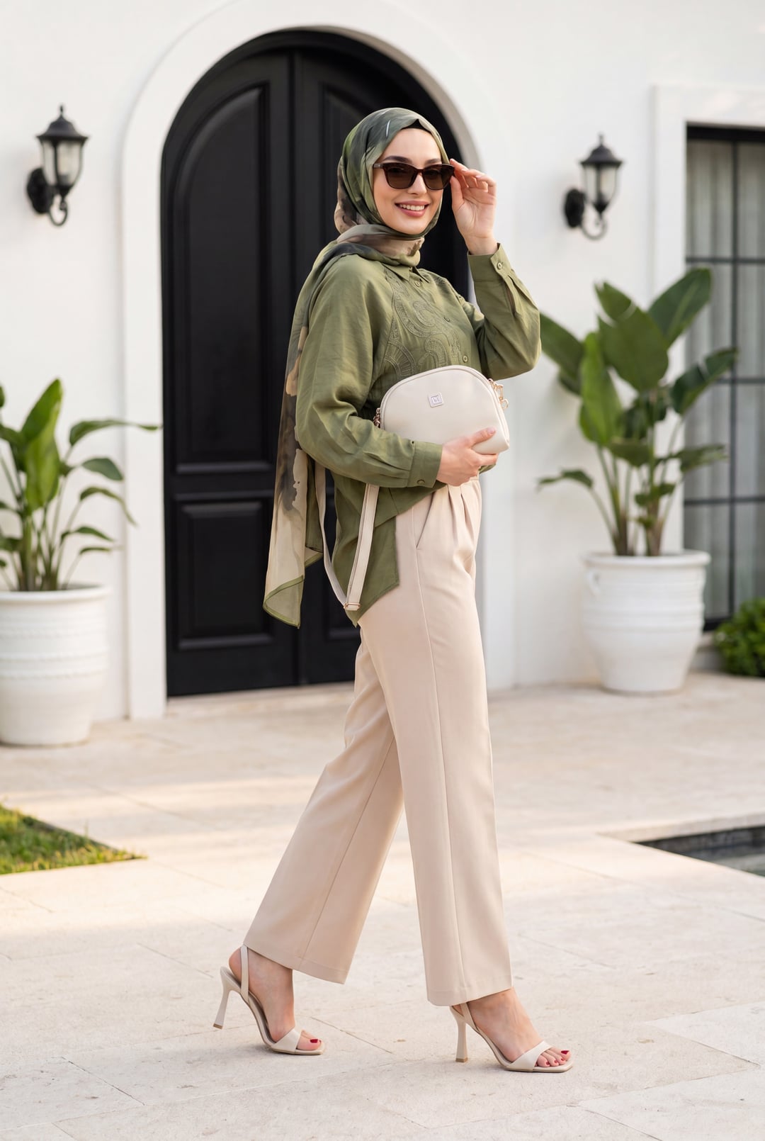 Asymmetric Embroidered Buttoned Tulle Voile Tunic - Khaki - Podyumplus - by Peralane - photo 5