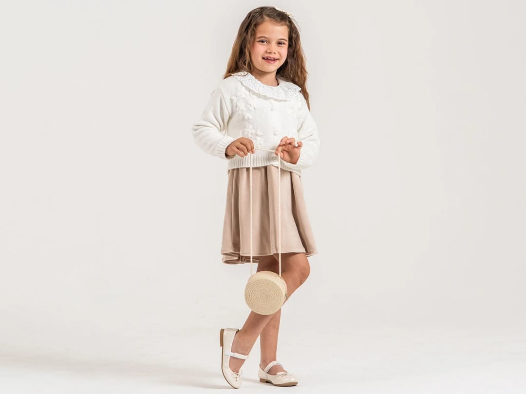 Girl's Knit Cardigan and Beige Dress Set with Floral Pattern - Pampal Kids - by Peralane