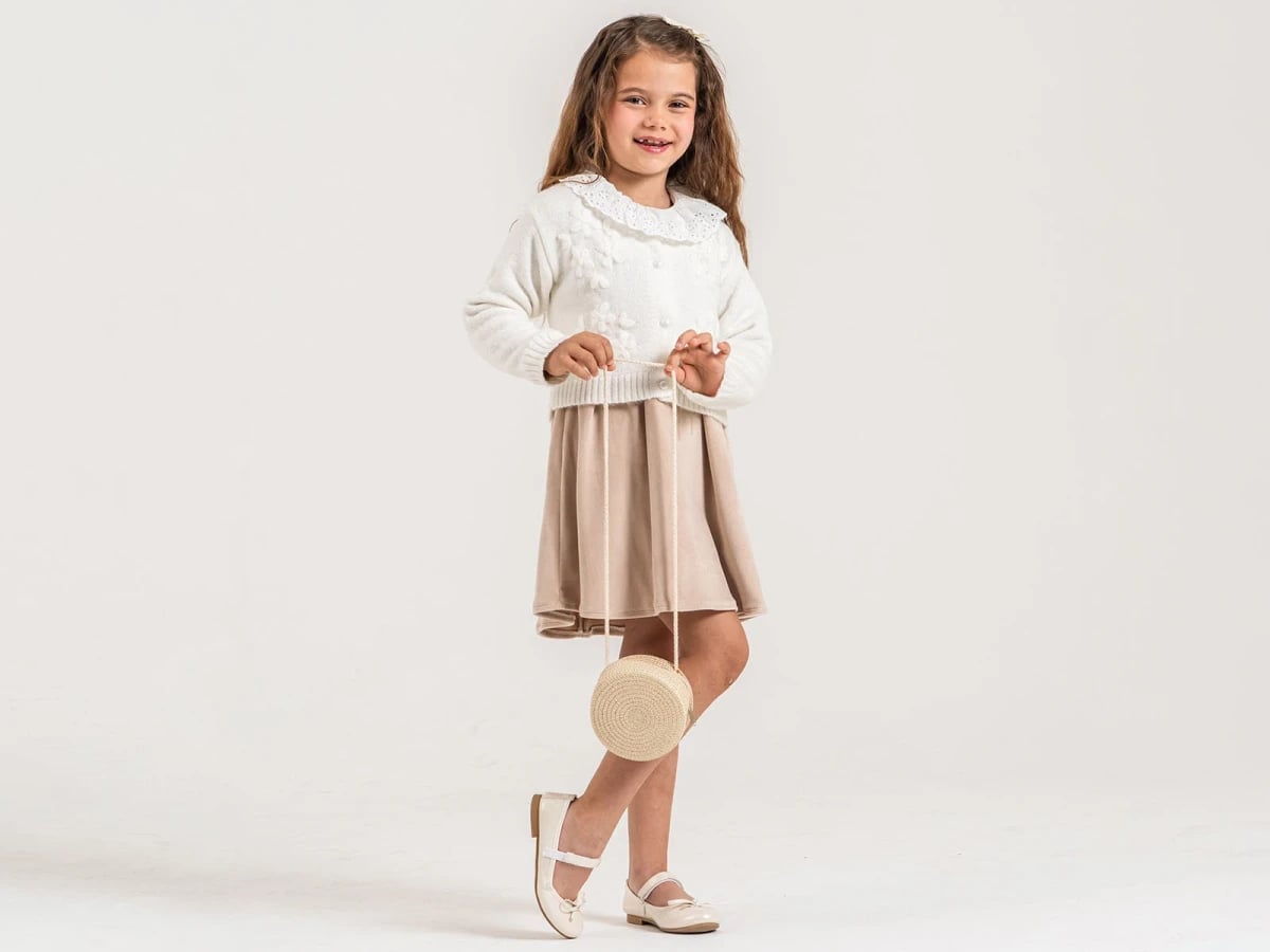 Girl's Knit Cardigan and Skirt Set with Eyelet Collar - Beige - Pampal Kids - by Peralane