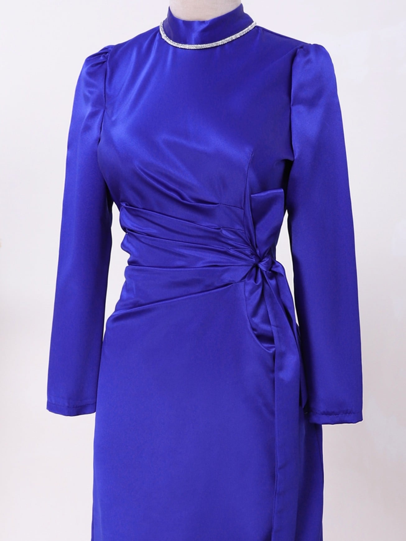 Side-Pleated Tie-Waist Satin Dress with Beaded Neckline - Saks - Podyumplus - by Peralane - photo 3