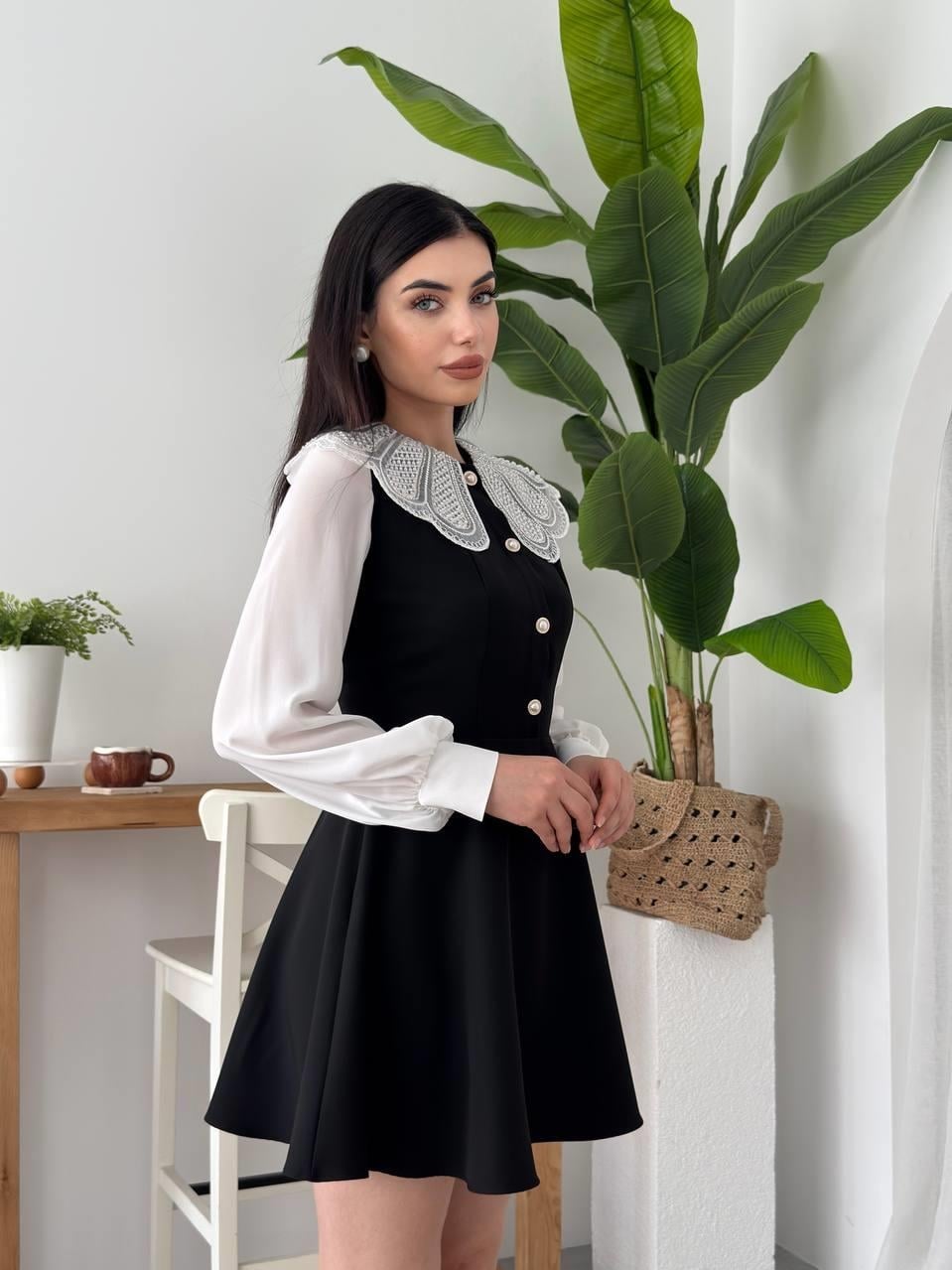Black Dress with White Sheer Bishop Sleeves and Lace Collar - Etika - by Peralane - photo 3
