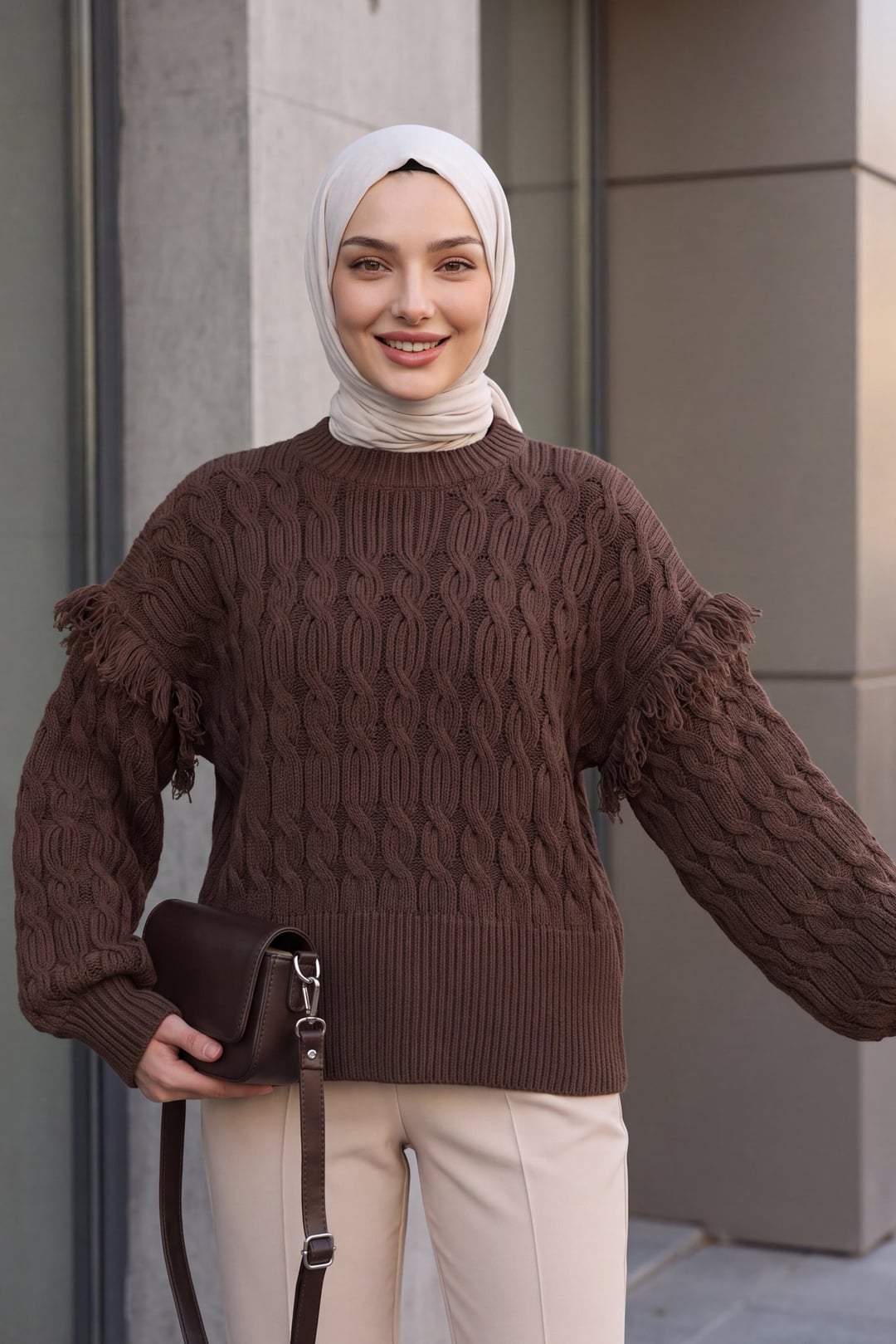 Brown Cable-Knit Sweater with Fringed Shoulders - Podyumplus - by Peralane - photo 2
