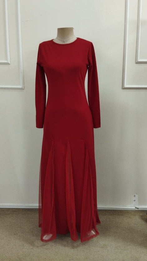 Women's Long Sleeve Crew Neck Tulle Detail Long Crepe Dress - Janes - by Peralane - photo 4