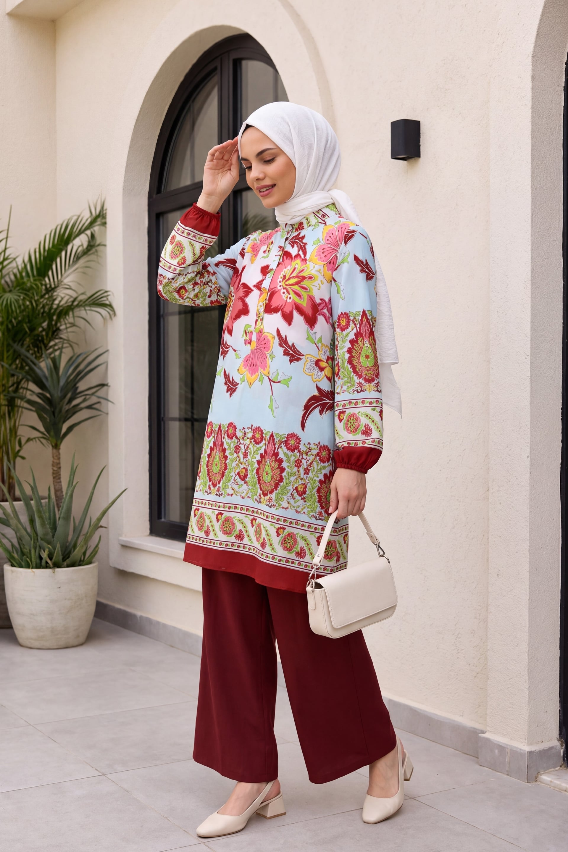 Floral Half-Button Cotton Viscose Tunic - Terracotta - Podyumplus - by Peralane - photo 3