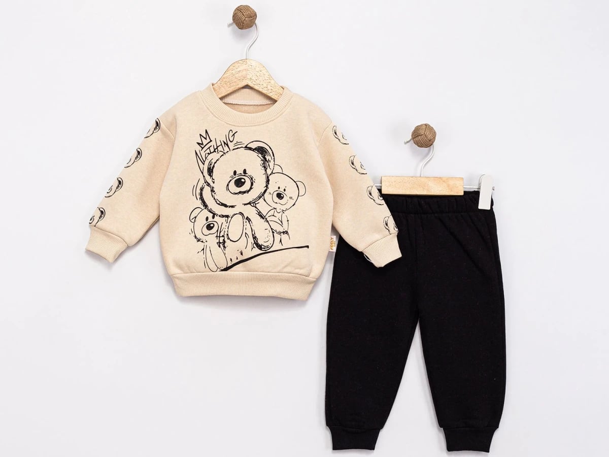Beige Teddy Bear Print Hooded Sweatshirt and Black Trousers Baby Set - Feely Kids - by Peralane