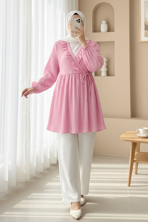 Ruffled Tie-Front Long-Sleeve Kimono - Powder Pink - Podyumplus - by Peralane - photo 3