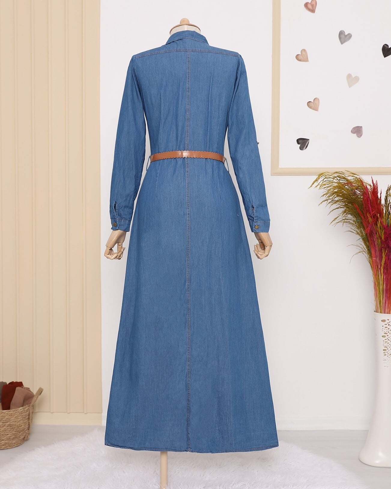 Long-Sleeved Denim Dress with Button-Down Front and Belt - Blue - Podyumplus - by Peralane - photo 9