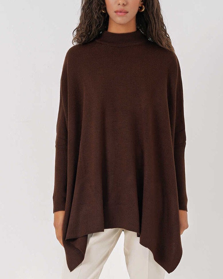 Side-Slit Oversize Pancho Knit Sweater - Brown - Wholeskop - by Peralane - photo 3