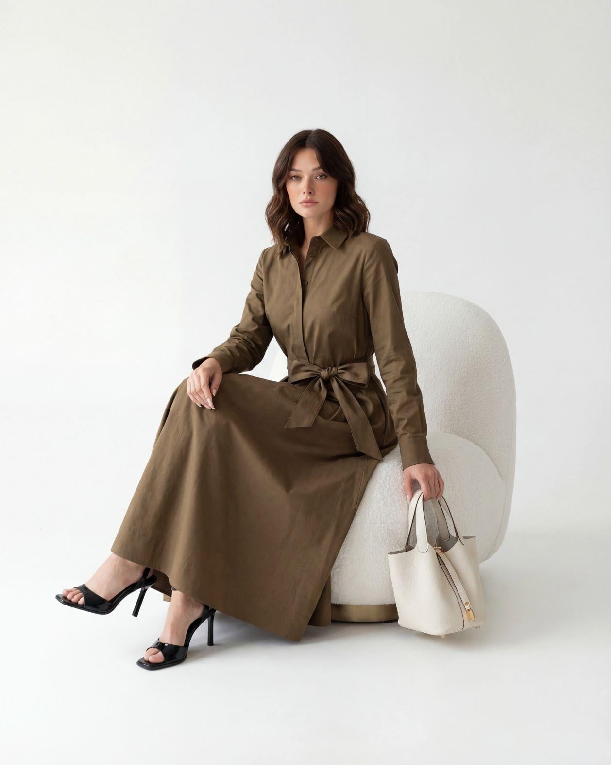 Women's Olive Green Shirt Dress with Tie Belt - Fame - by Peralane - photo 5