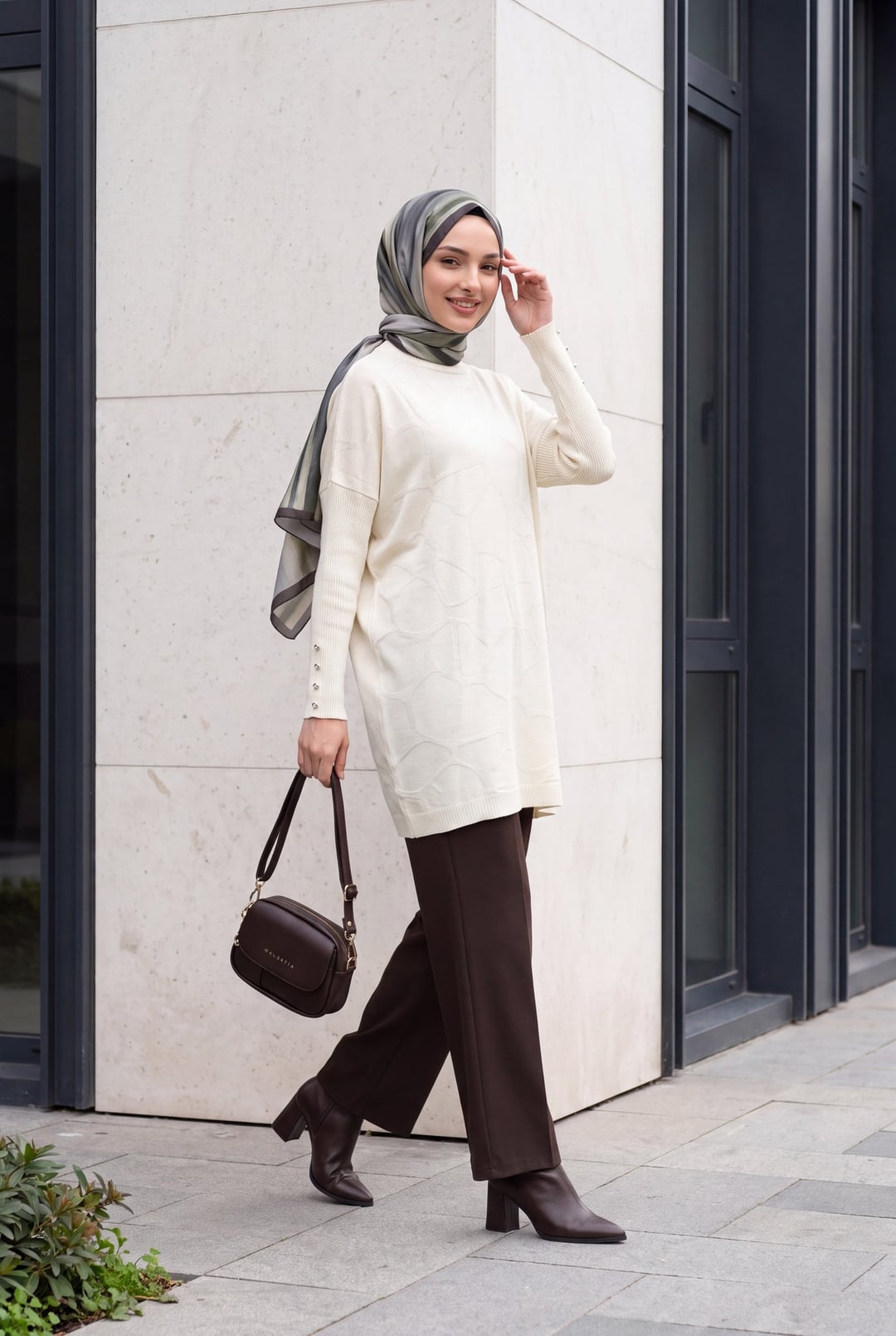 Half Turtleneck Drop Shoulder Knit Tunic with Stone Detail - Ecru - Podyumplus - by Peralane - photo 4