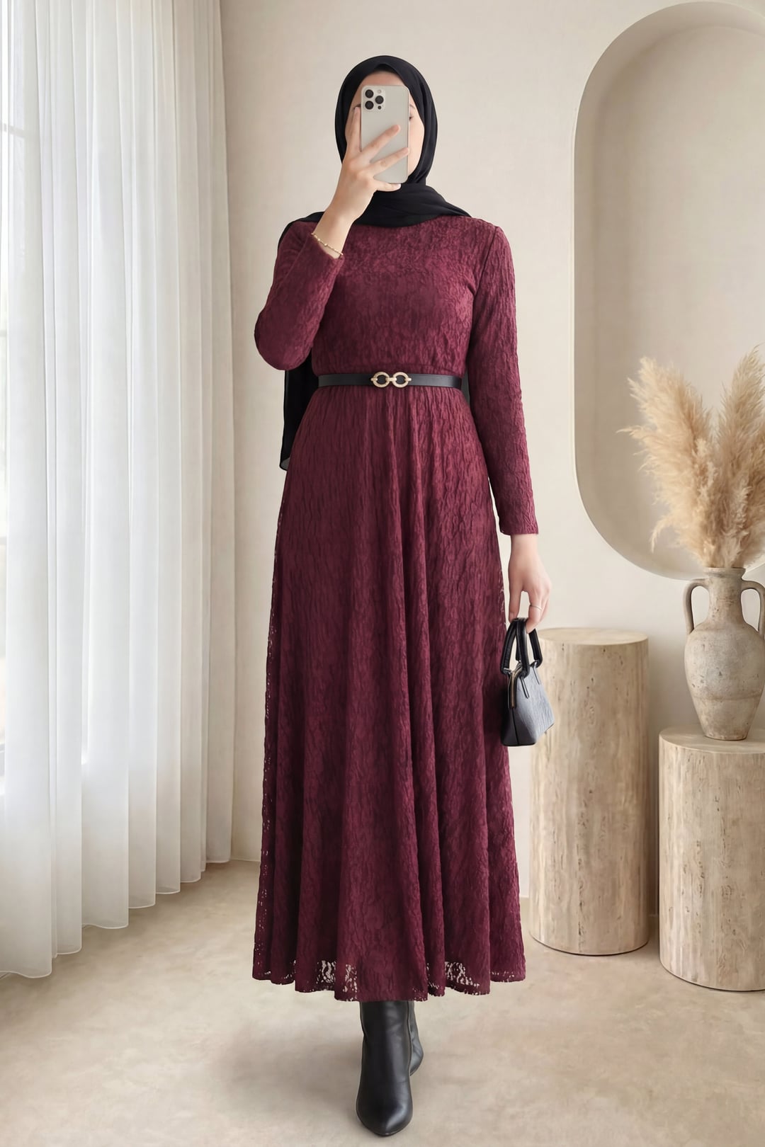 Belted Lined Lace Dress - Burgundy - Podyumplus - by Peralane