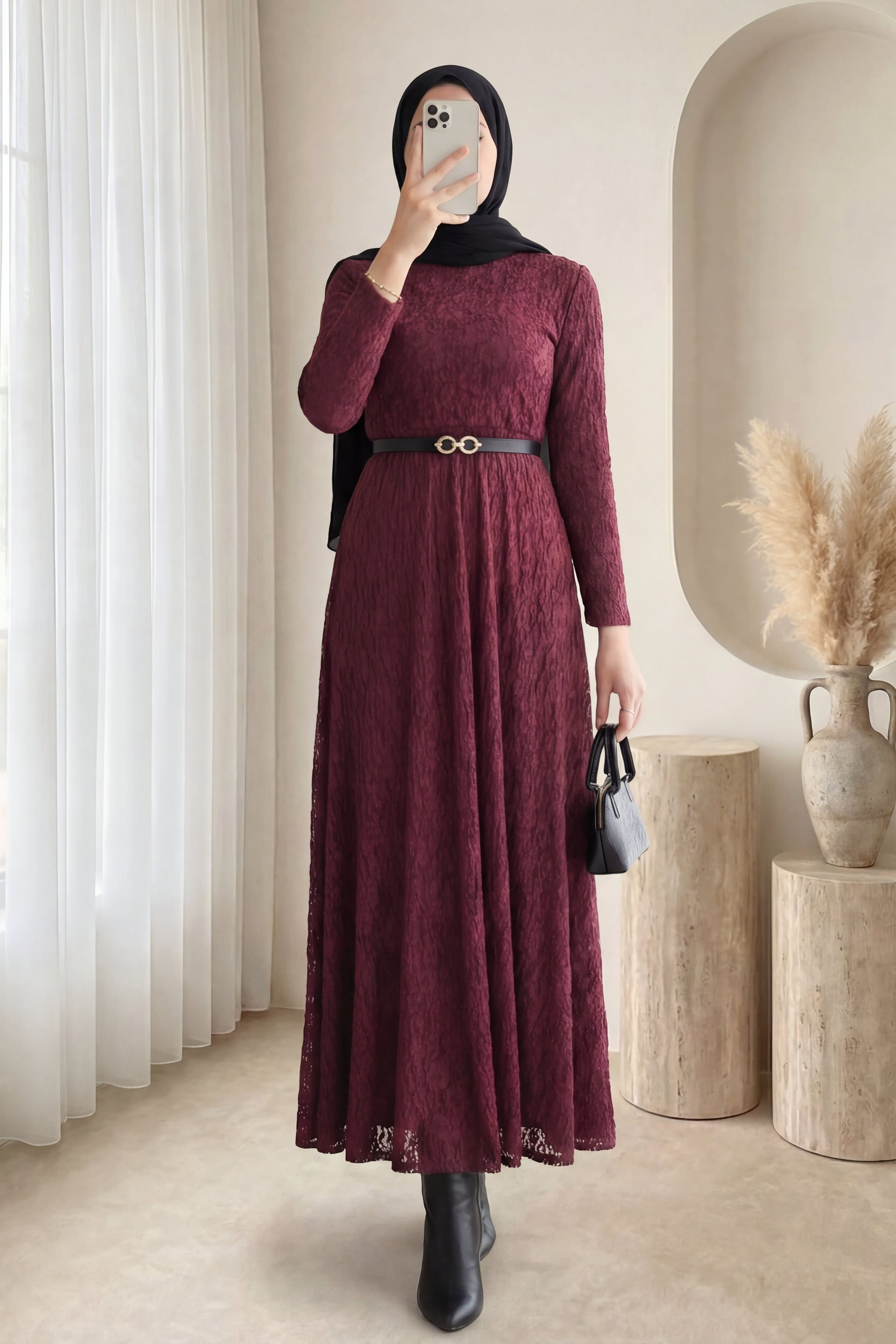 Belted Lined Lace Dress - Burgundy - Podyumplus - by Peralane