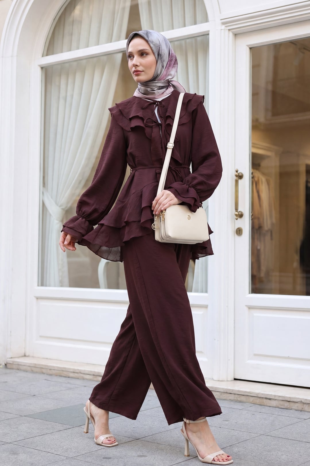 Lace-Up Front Pleated Collar Two-Piece Set with Lined Wide-Leg Trousers in Plum - Podyumplus - by Peralane - photo 2