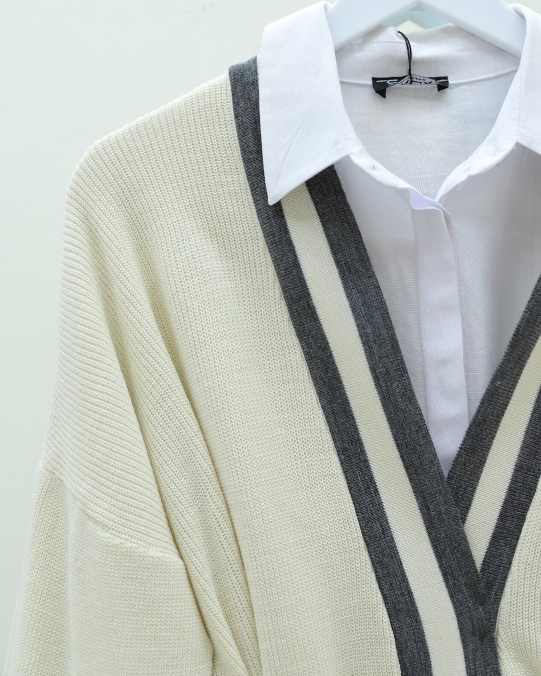 Striped Trim Knit Cardigan with Belt - Smoke Grey - Podyumplus - by Peralane - photo 5