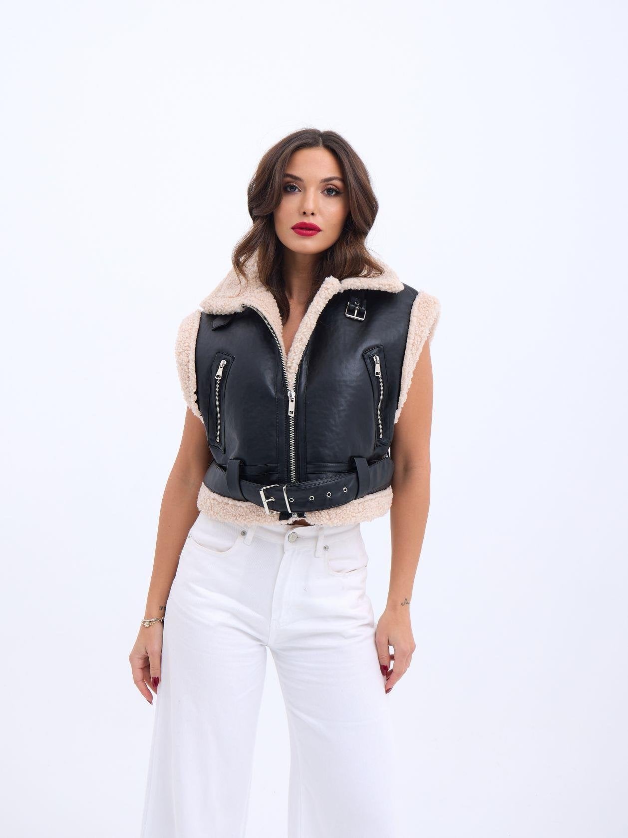 Sleeveless Faux Leather Vest with Sherpa Collar - Black - Fame - by Peralane - photo 5