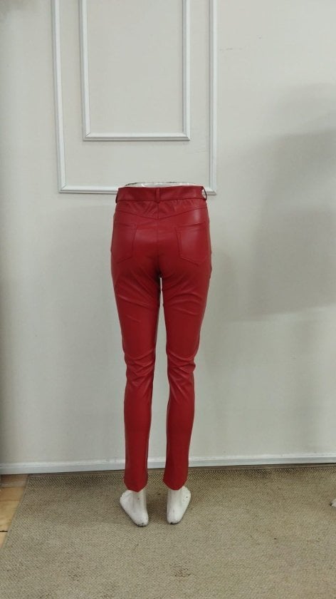Women's Slim Fit Faux Leather Trousers with Pocket Detailing - Red - Janes - by Peralane - photo 7