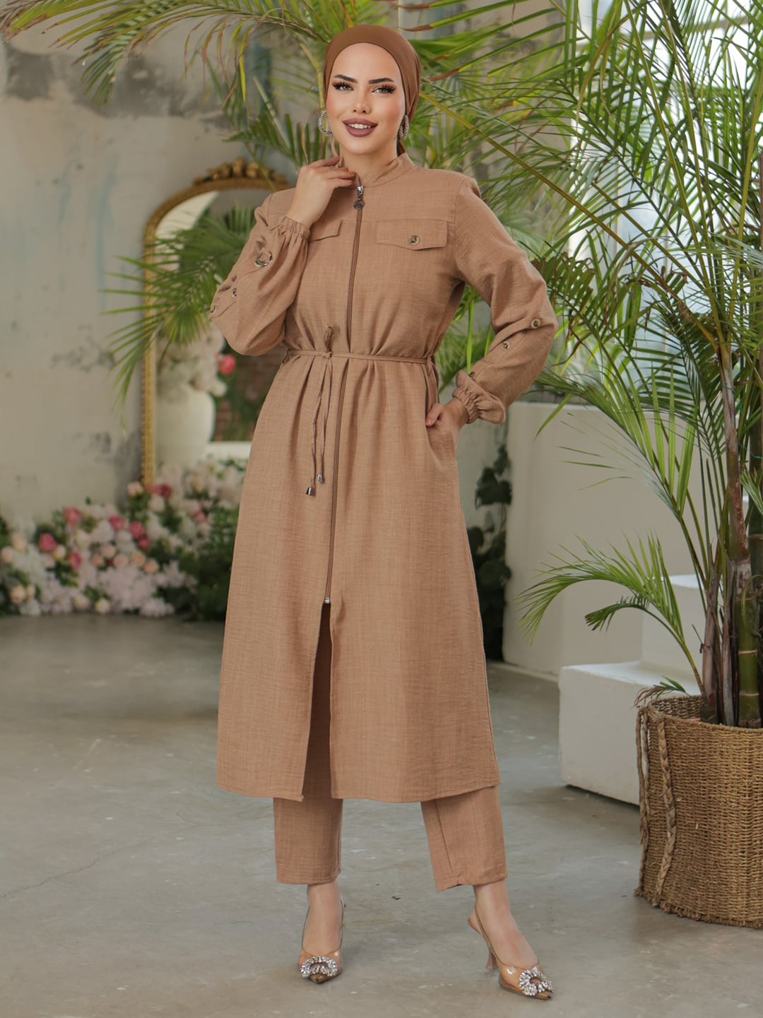 Vizon Linen-Look Zip-Front Tunic and Trousers Set - Podyumplus - by Peralane - photo 3