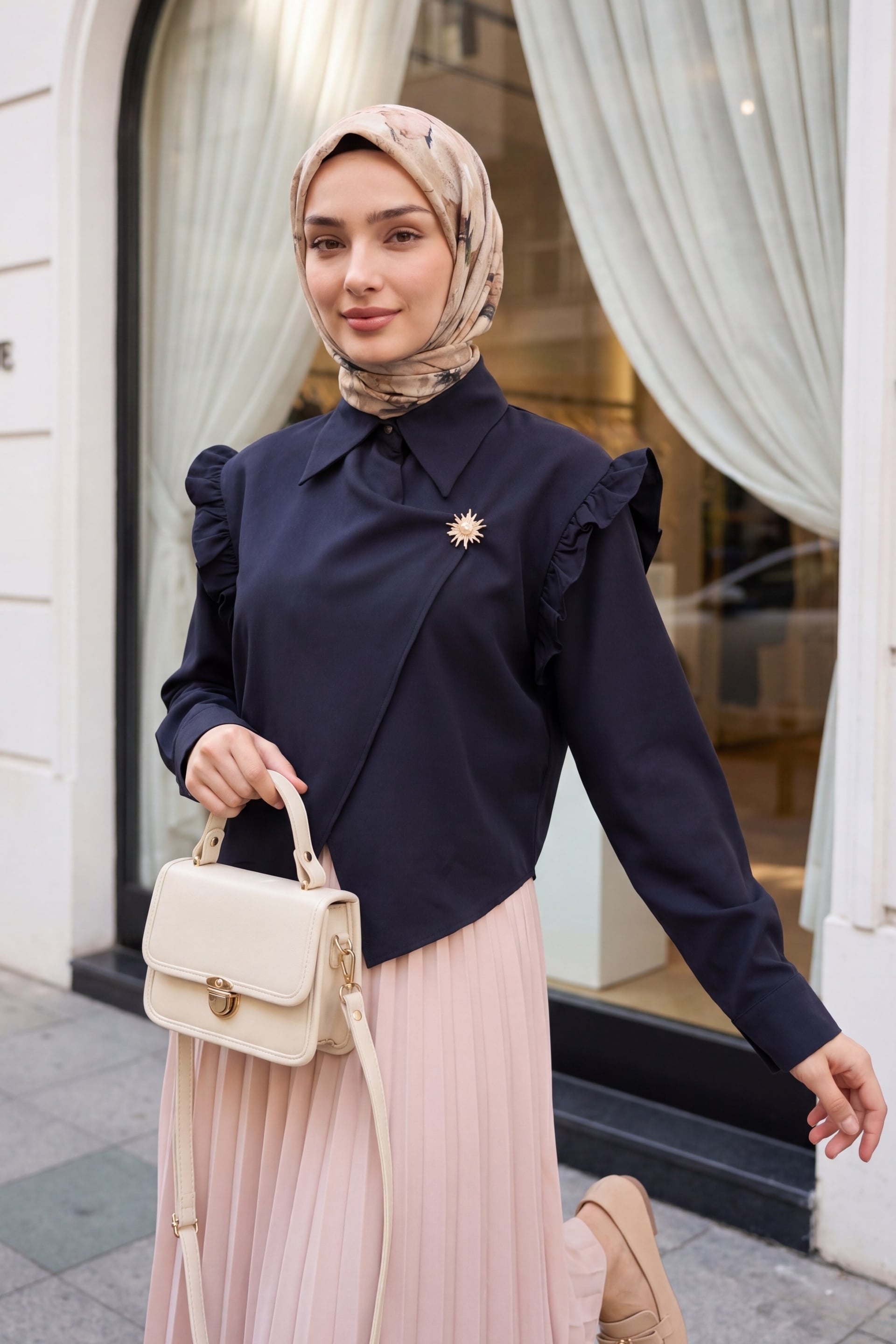Navy Blue Ruffle Shoulder Wrap Blouse with Brooch Detail - Podyumplus - by Peralane