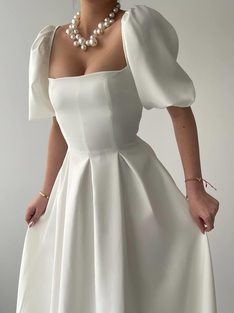 Poplin Midi Dress with Square Neck and Puff Sleeves - Ecru - Etika - by Peralane - photo 5