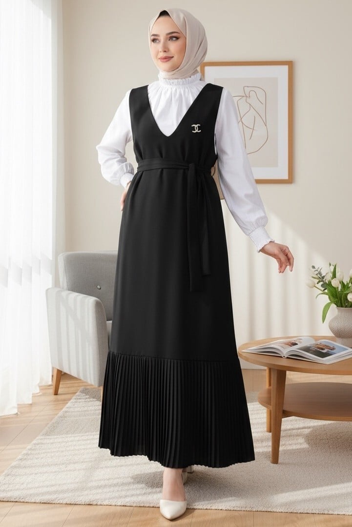 Black Pleated Pinafore Dress with Belt and White Blouse Set - Podyumplus - by Peralane