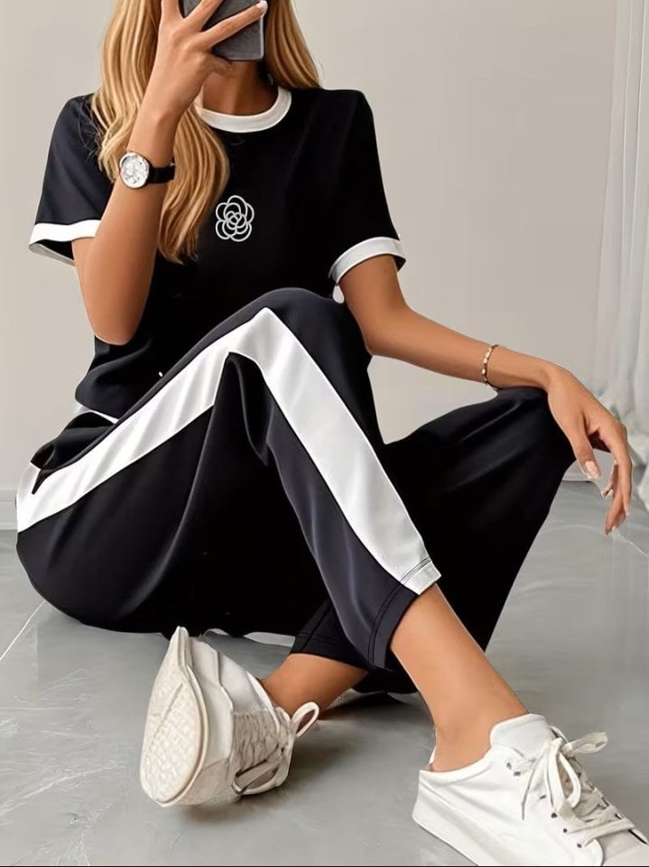 Women's Short-Sleeve Crew Neck Viscose Two-Thread Blouse and Trousers Two-Piece Set - Janes - by Peralane