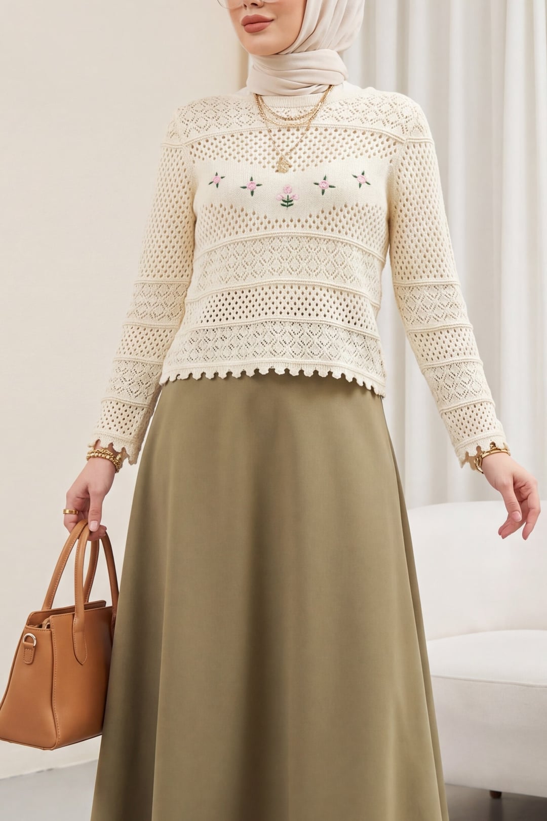 Cream Floral Embroidered Openwork Knit Sweater - Podyumplus - by Peralane