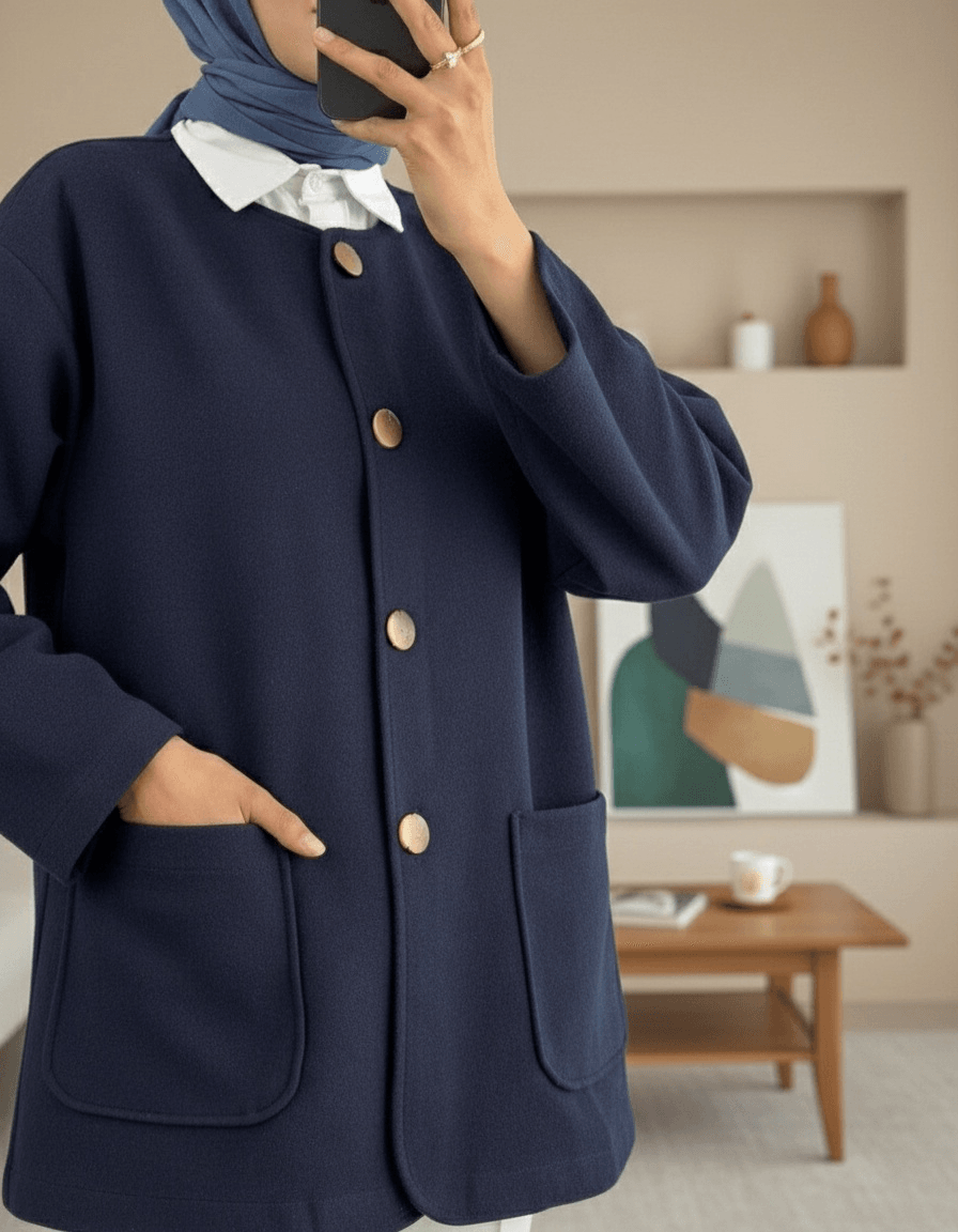 Navy Blue Double-Pocket Button-Front Jacket with Matching Jeans Set - Podyumplus - by Peralane - photo 4