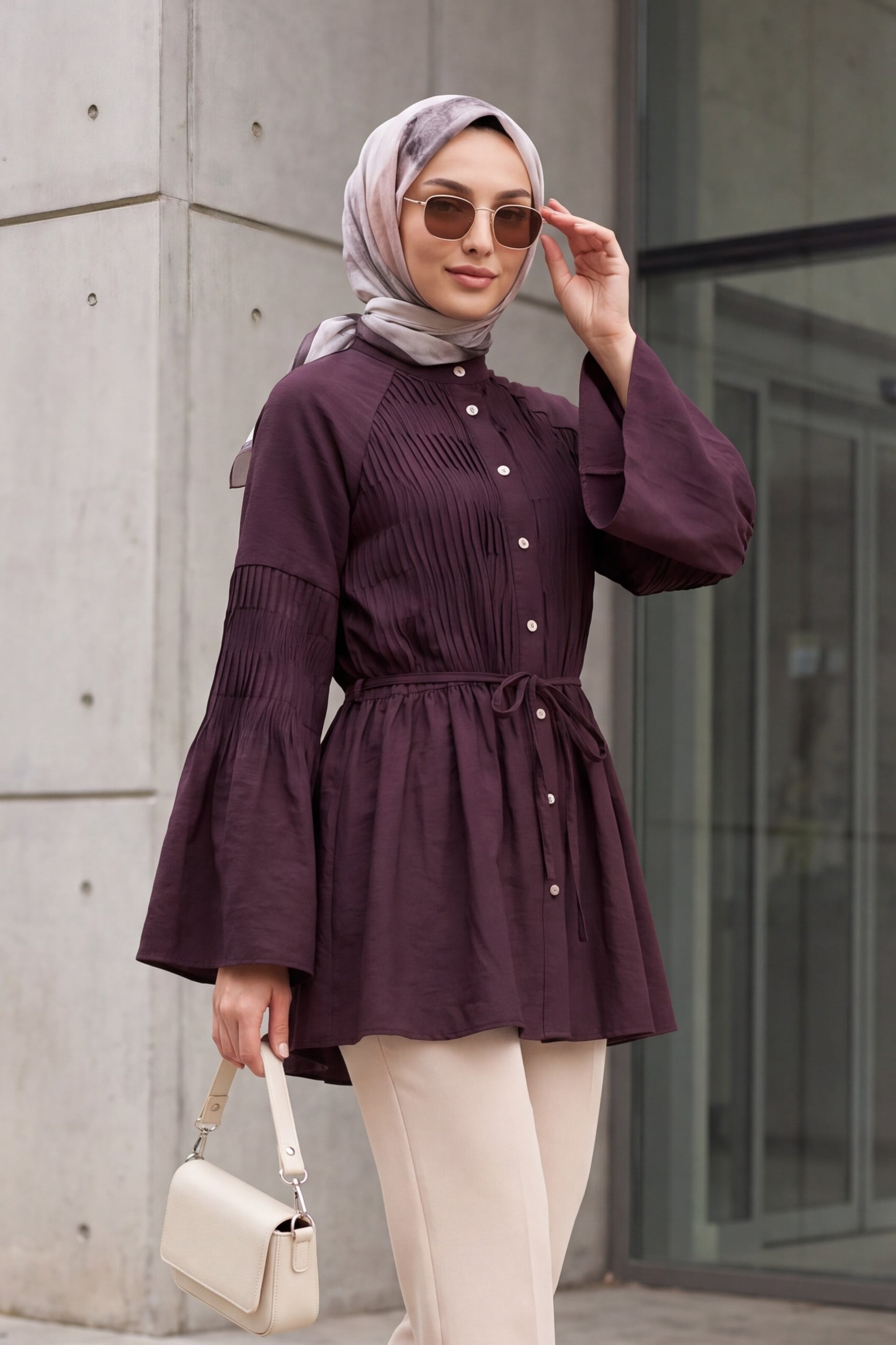 Spanish Sleeve Stone-Button Belted Cupra Tunic - Deep Plum - Podyumplus - by Peralane - photo 2