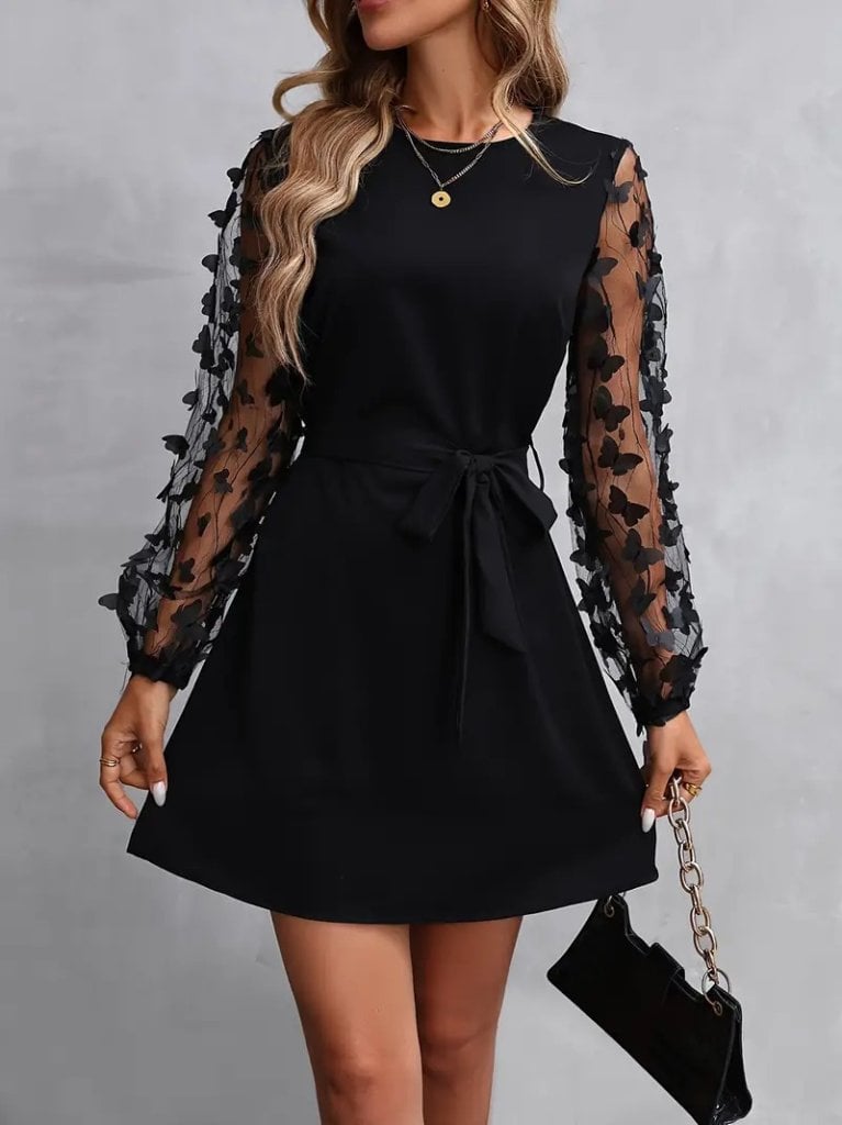 Women's Long Sleeve Crepe Dress with Butterfly Tulle Details and Belt - Janes - by Peralane