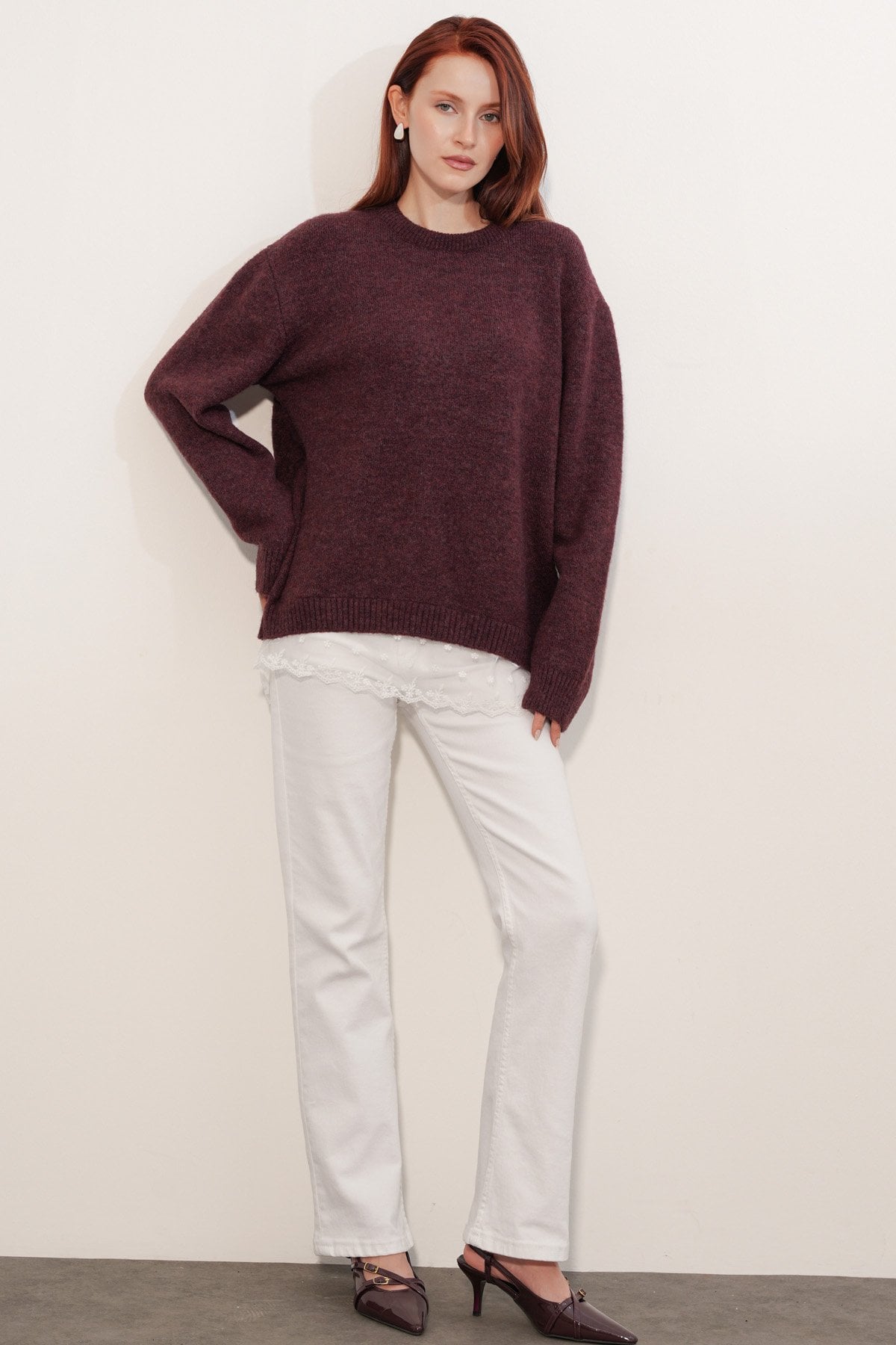 Women's Burgundy Tulle Detail Oversize Knit Sweater - Bigdart - by Peralane - photo 6