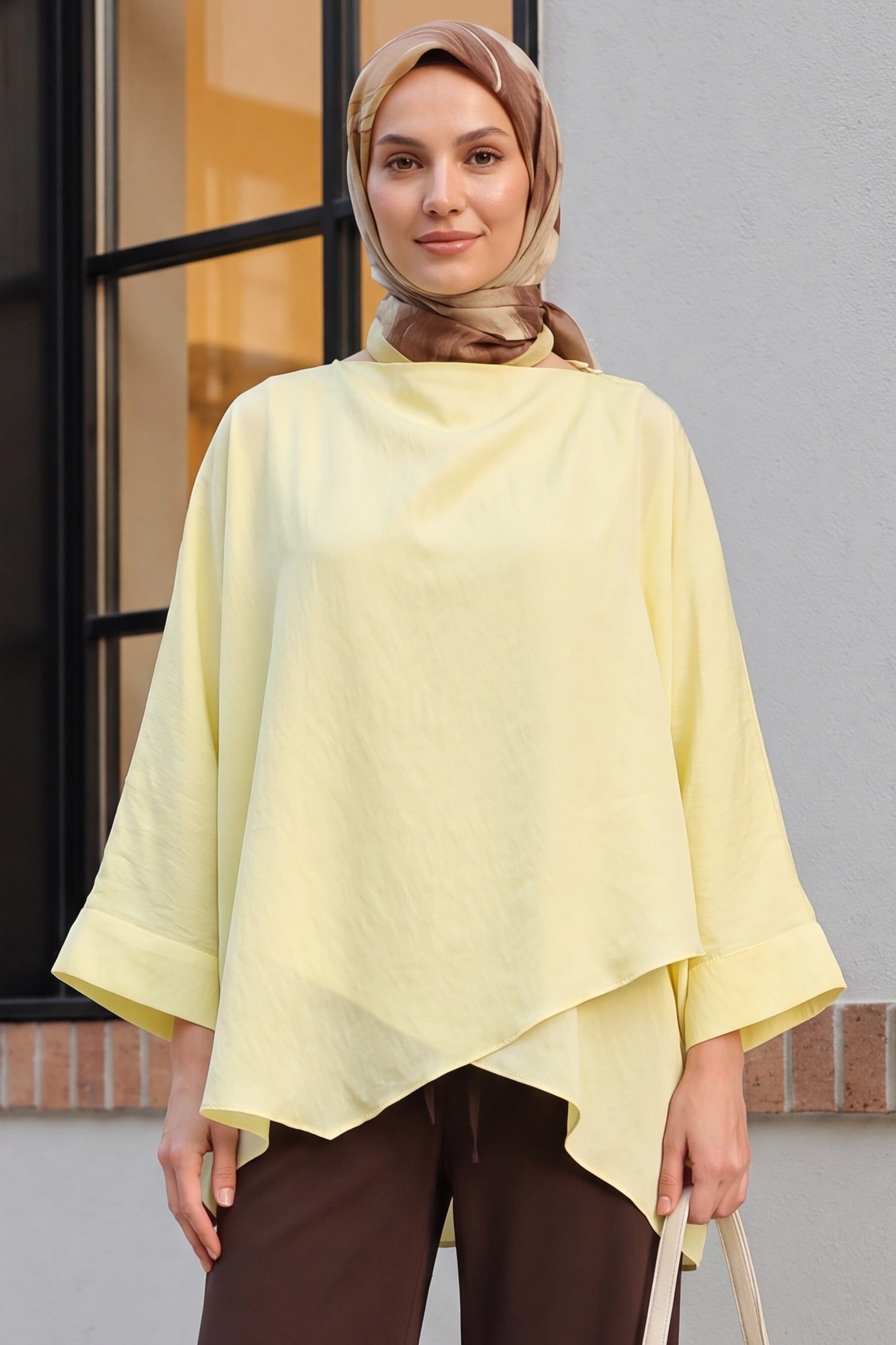 Button-Shoulder Batwing Sleeve Modal Kimono Poncho - Yellow - Podyumplus - by Peralane - photo 3