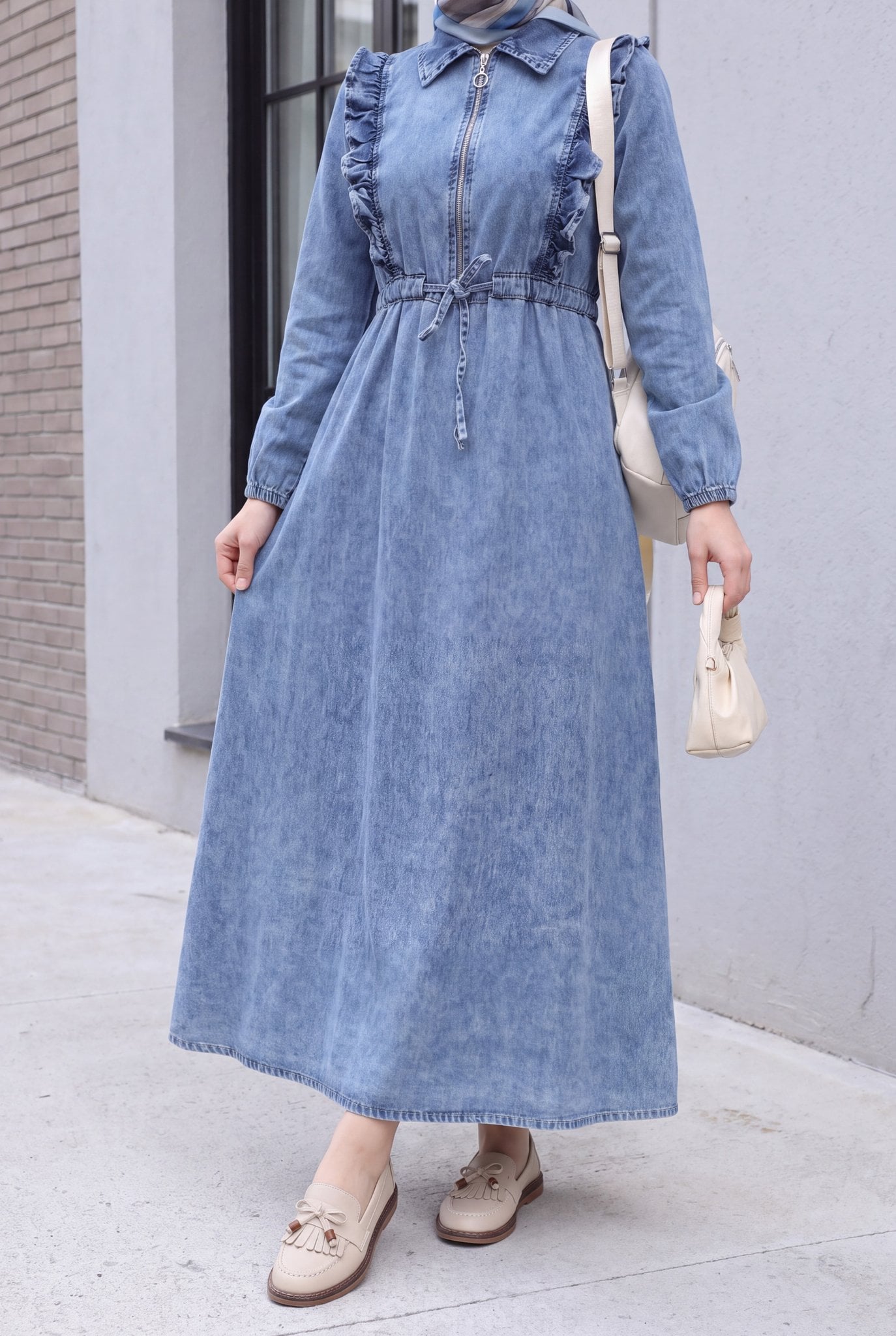 Ruffled Denim Dress with Drawstring Waist - Blue - Podyumplus - by Peralane - photo 4