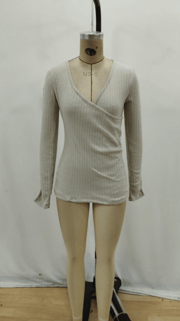 Women's Cream Ribbed Knit Wrap Blouse with Long Sleeves - Janes - by Peralane - photo 5