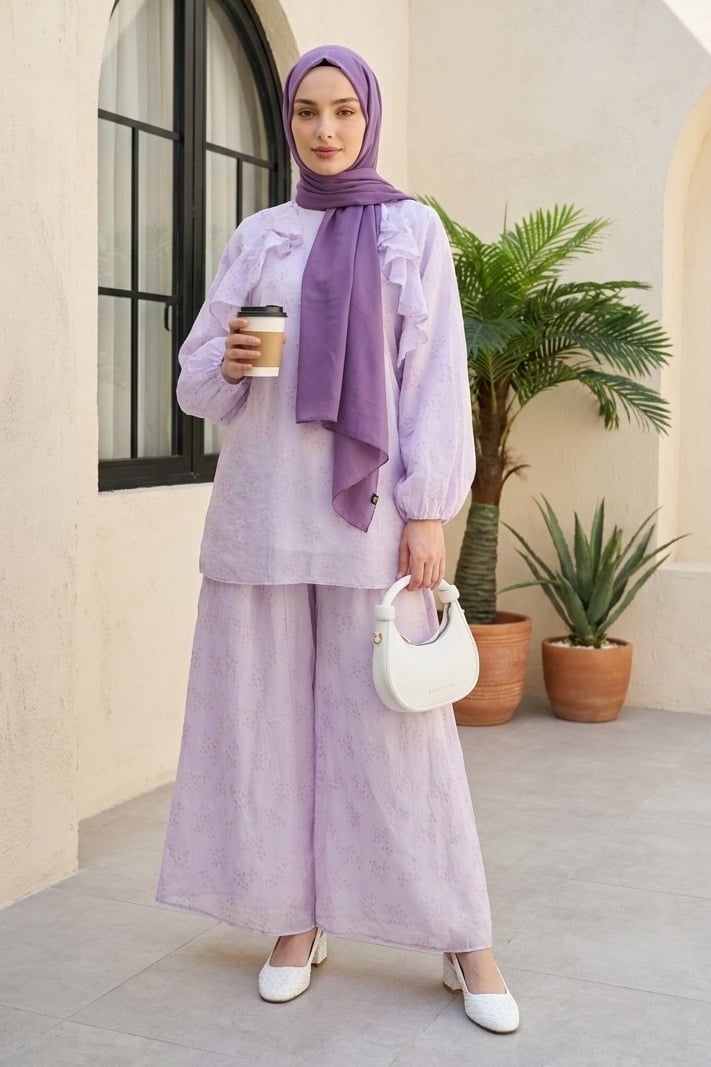 Boat Neck Ruffled Front Lined Voile Two-Piece Set - Lilac - Podyumplus - by Peralane - photo 8