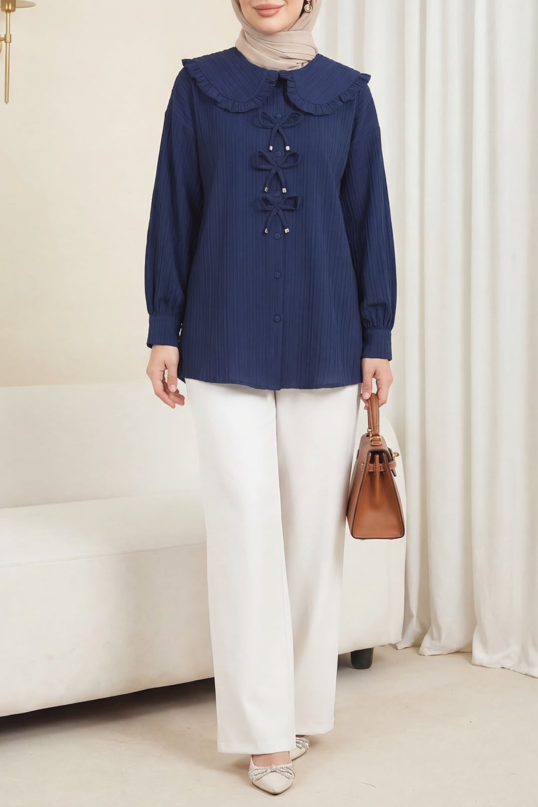 Navy Blue Ribbon Detail Buttoned Apron Collar Tunic - Podyumplus - by Peralane - photo 6