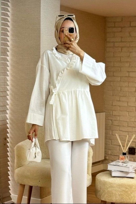 Ruffled Wrap Linen Look Kimono with Tie Closure - Ecru - Podyumplus - by Peralane