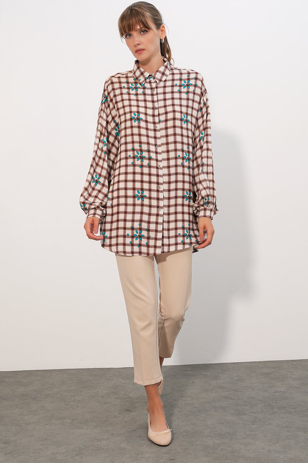 Women's Long Checked Shirt Tunic 5988 - Taba - Wholeskop - by Peralane
