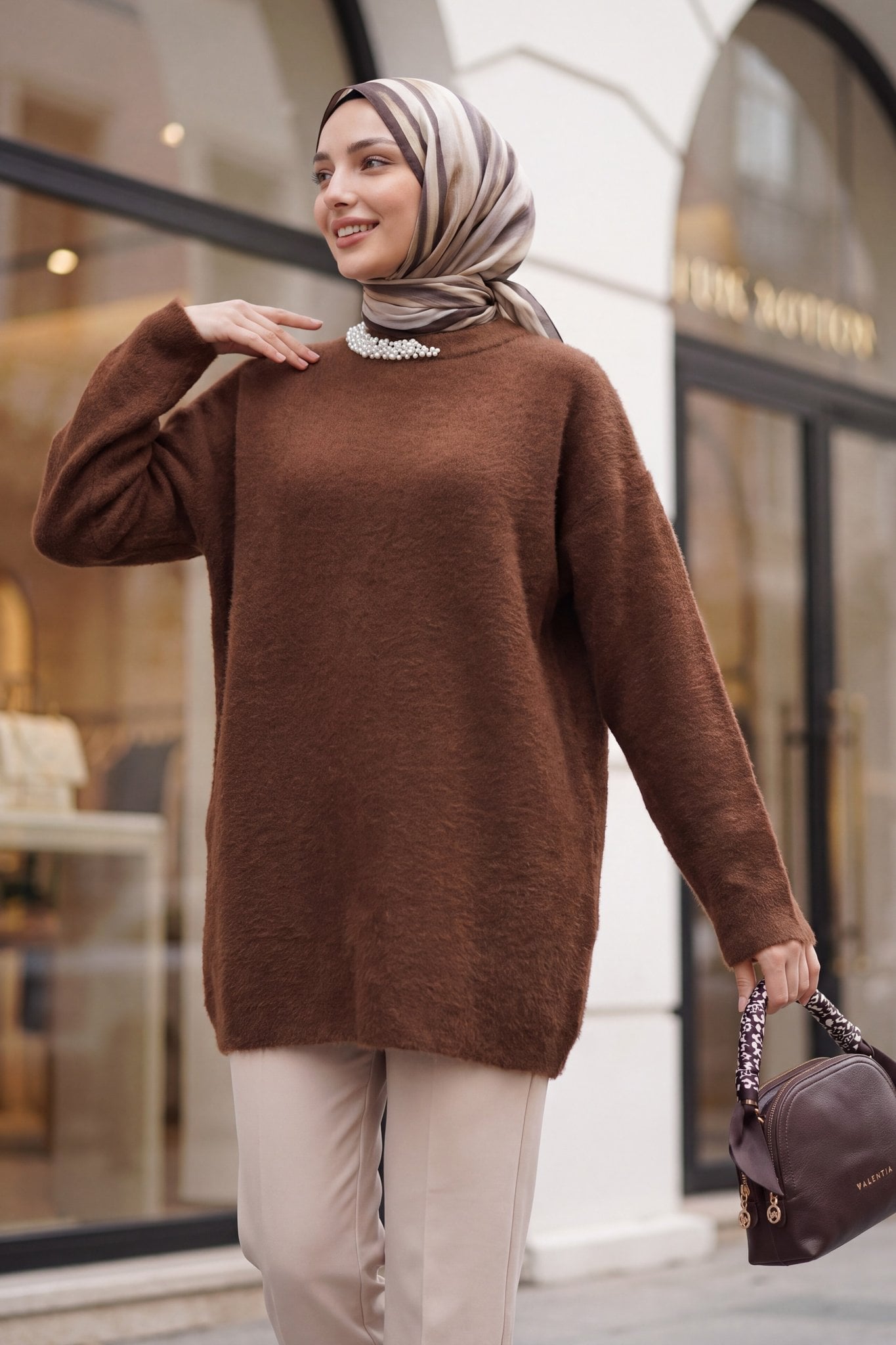 Pearl Trim Crew Neck Knit Tunic - Brown - Podyumplus - by Peralane - photo 2